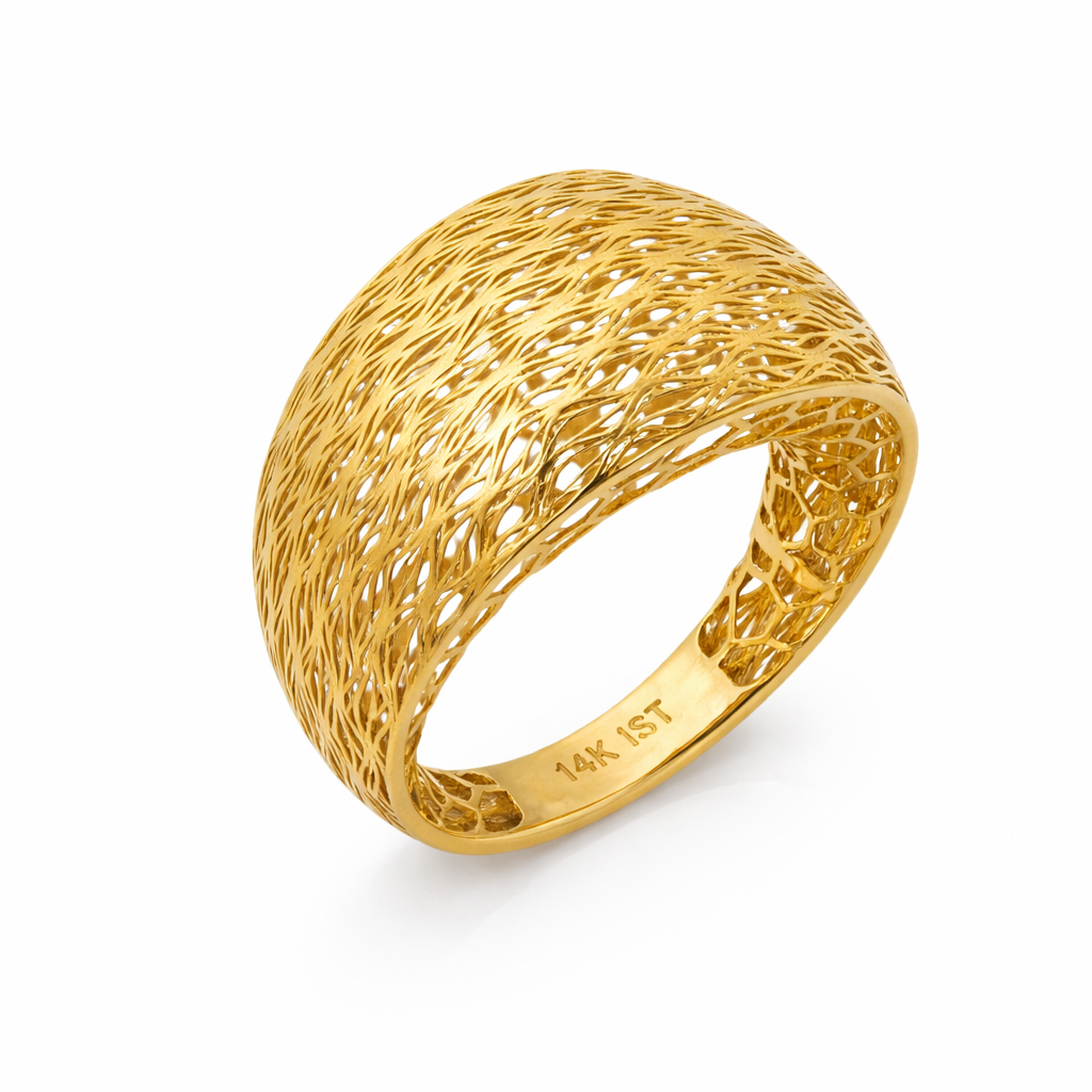 14K Yellow Gold Woven Mesh Filigree Dome Women's Ring