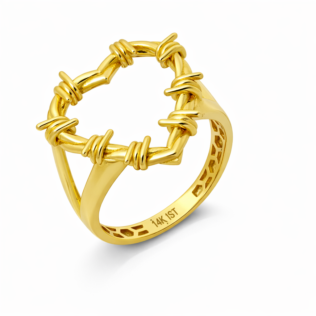 14K Yellow Gold Twisted Barbed-Wire Heart Women's Ring