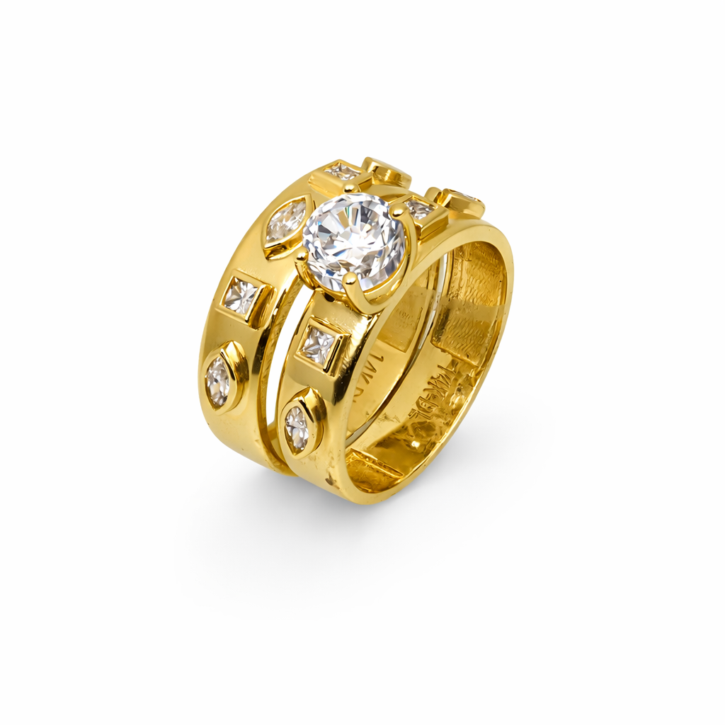 14K Yellow Gold Multi-Shape CZ Wide Band Ring Set