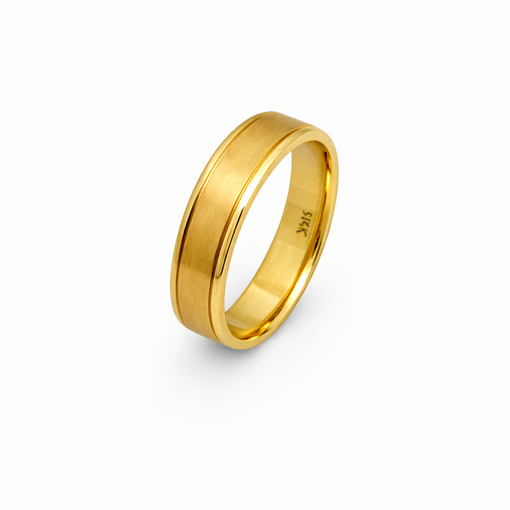 14K Yellow Gold Brushed Center Grooved Men's Wedding Band