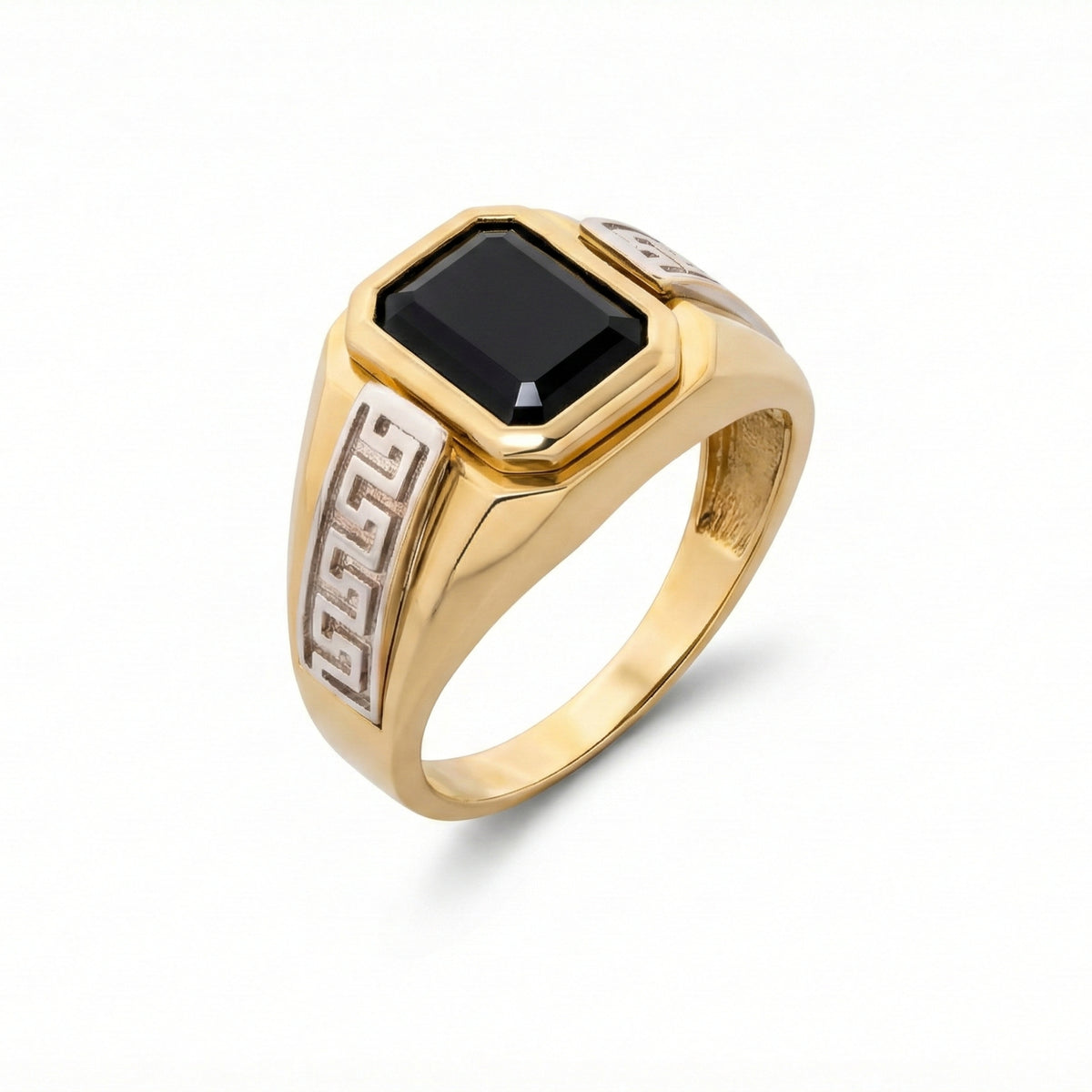 14K Two-Tone Gold Black Onyx Greek Key Ring