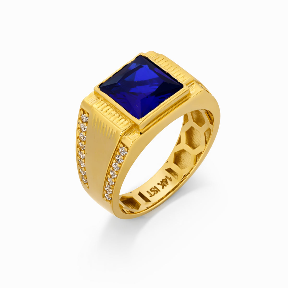 14K Yellow Gold Rectangular Blue Stone Signet Ring