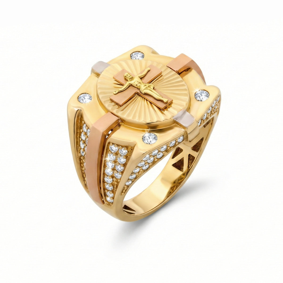14K Yellow and Rose Gold Crucifix Medallion Ring