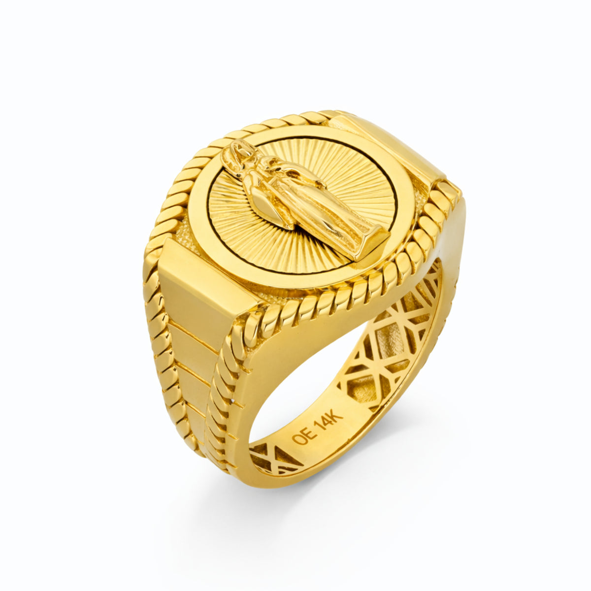 14K Yellow Gold Virgin Mary Sunburst Signet Ring