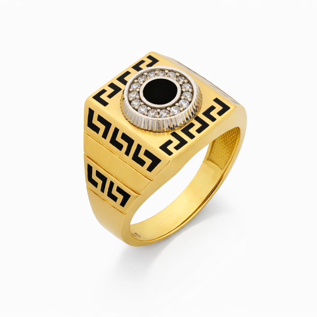 14K Yellow Gold Greek Key Enamel Cushion Ring