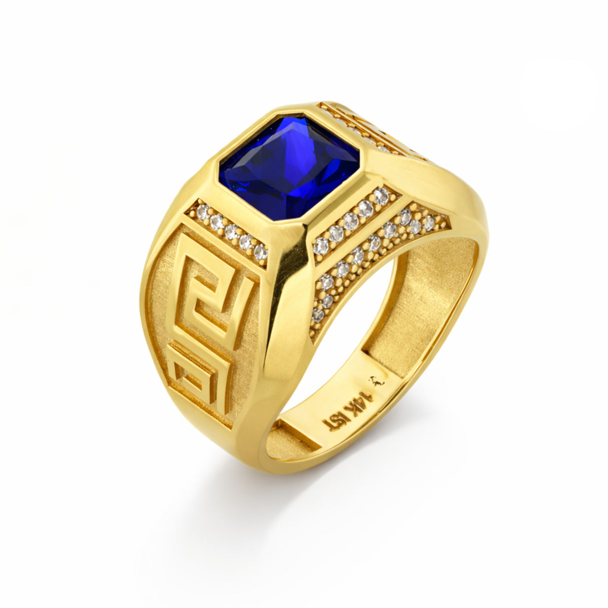 14K Yellow Gold Blue Stone Greek Key Signet Ring