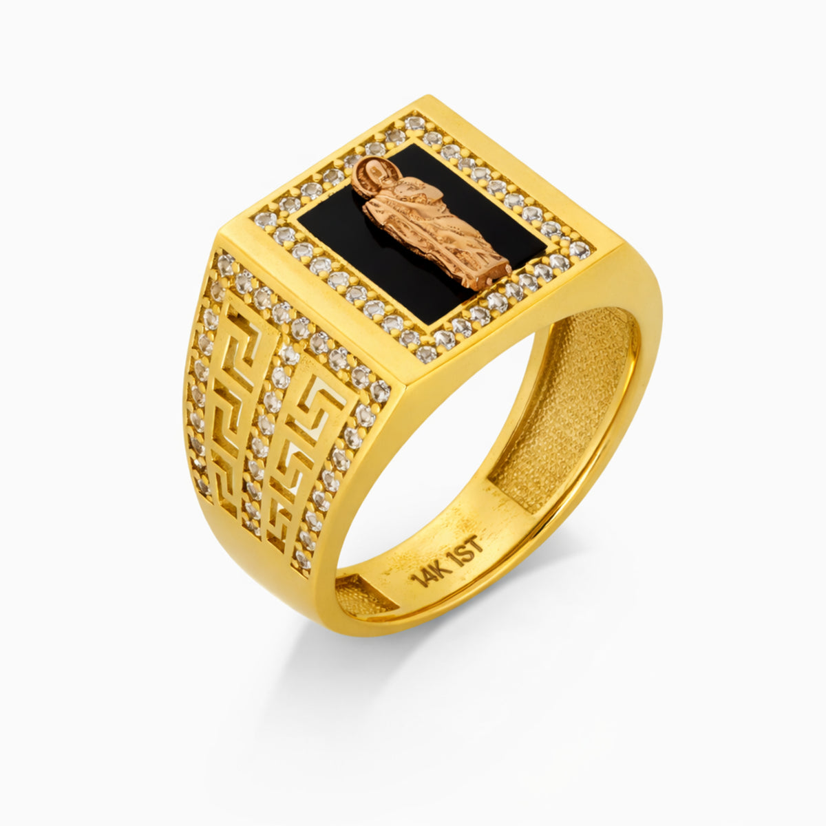 14K Yellow and Rose Gold Saint Figure Black Onyx Signet Ring