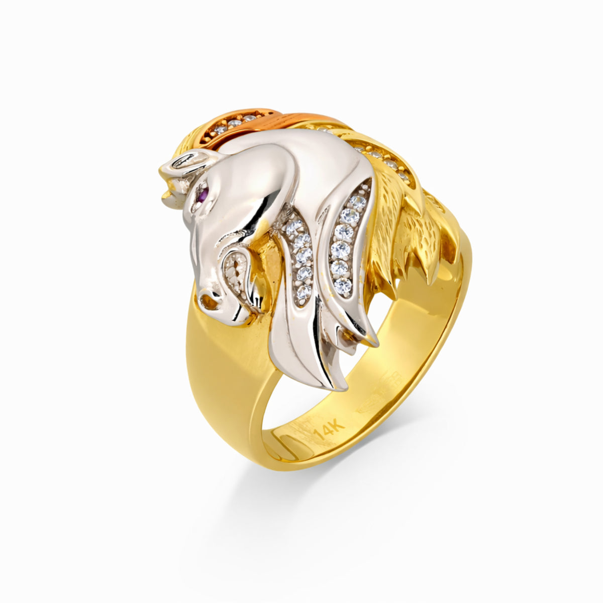 14K Tri-Color Gold Horse Head Ring with CZ Mane