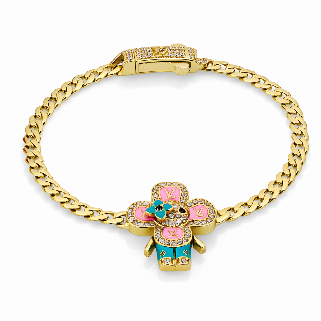 14K Yellow Gold Enamel Charm Cuban Link Bracelet