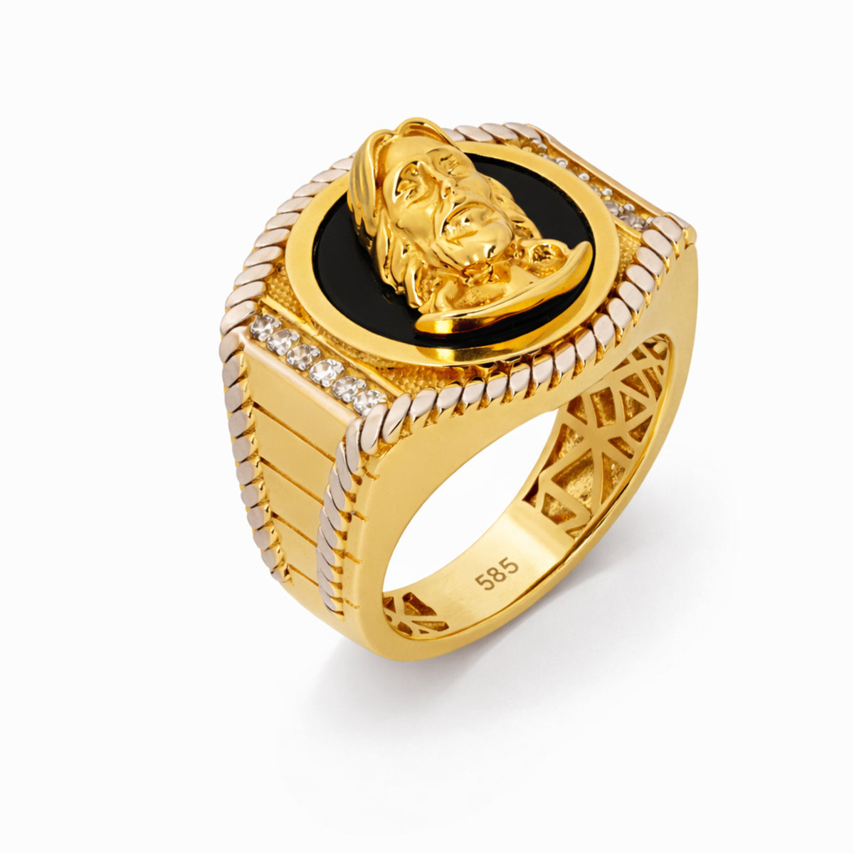 14K Two-Tone Gold Jesus Face Black Onyx Ring