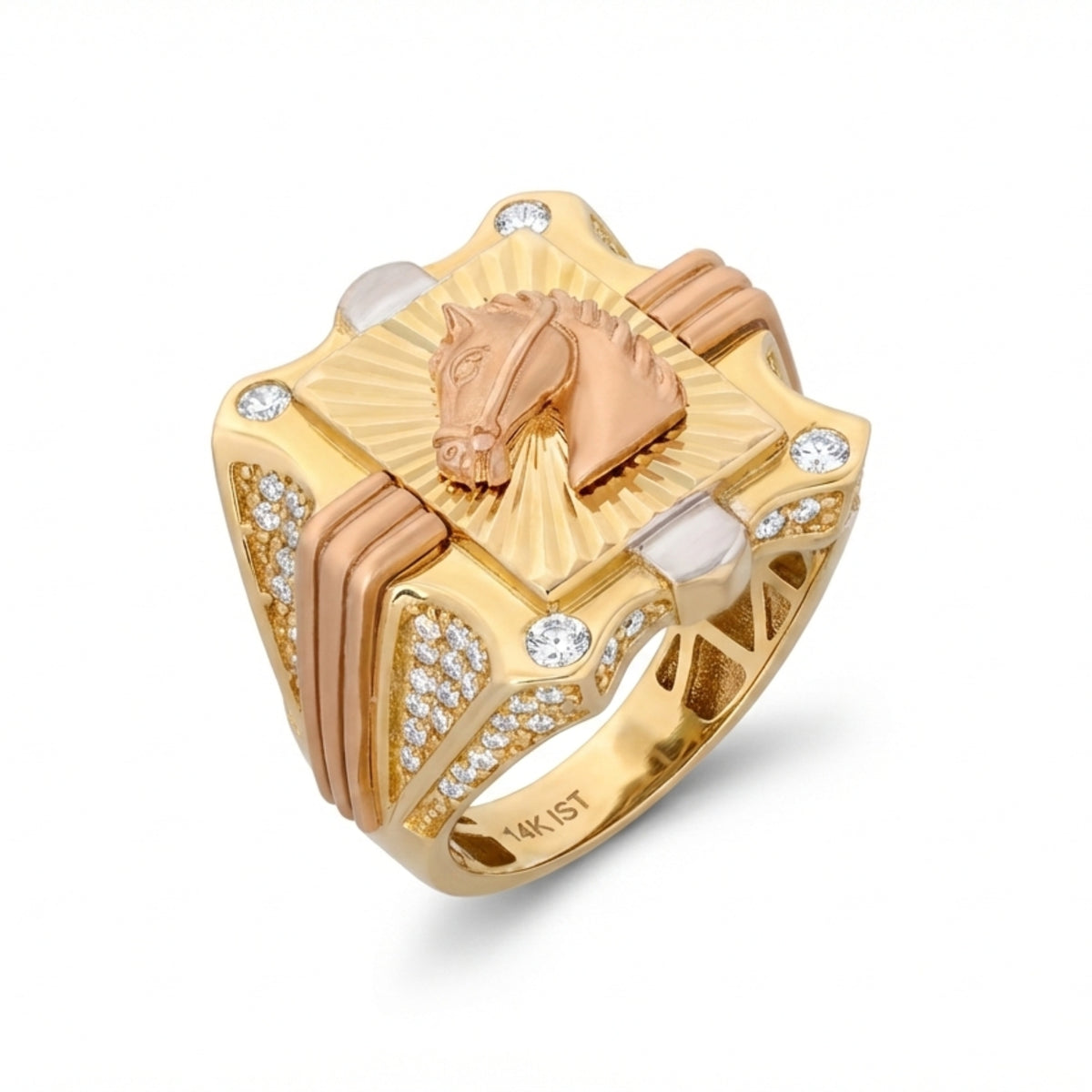 14K Tri-Color Gold Horse Head Ring with Sunburst Top