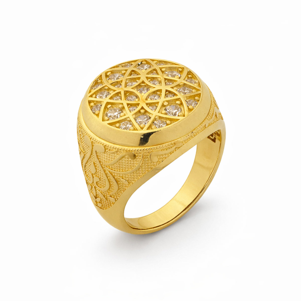 14K Yellow Gold Round Geometric Lattice CZ Ring