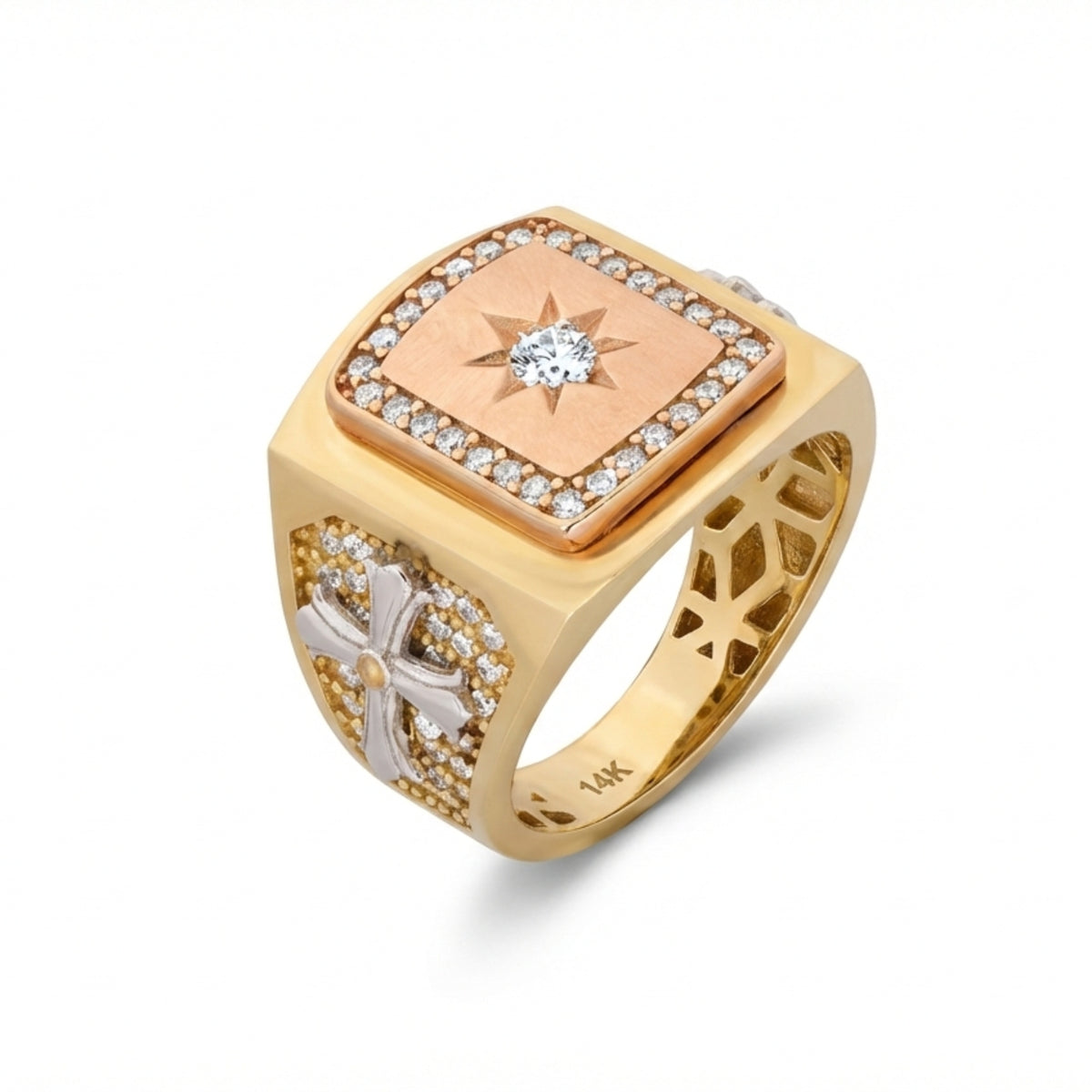 14K Tri-Color Gold Starburst Cross Ring