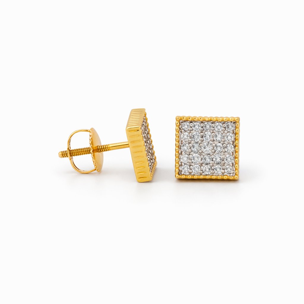 14K Yellow Gold Tone Square Pavé CZ Stud Earrings (Screw-Back)