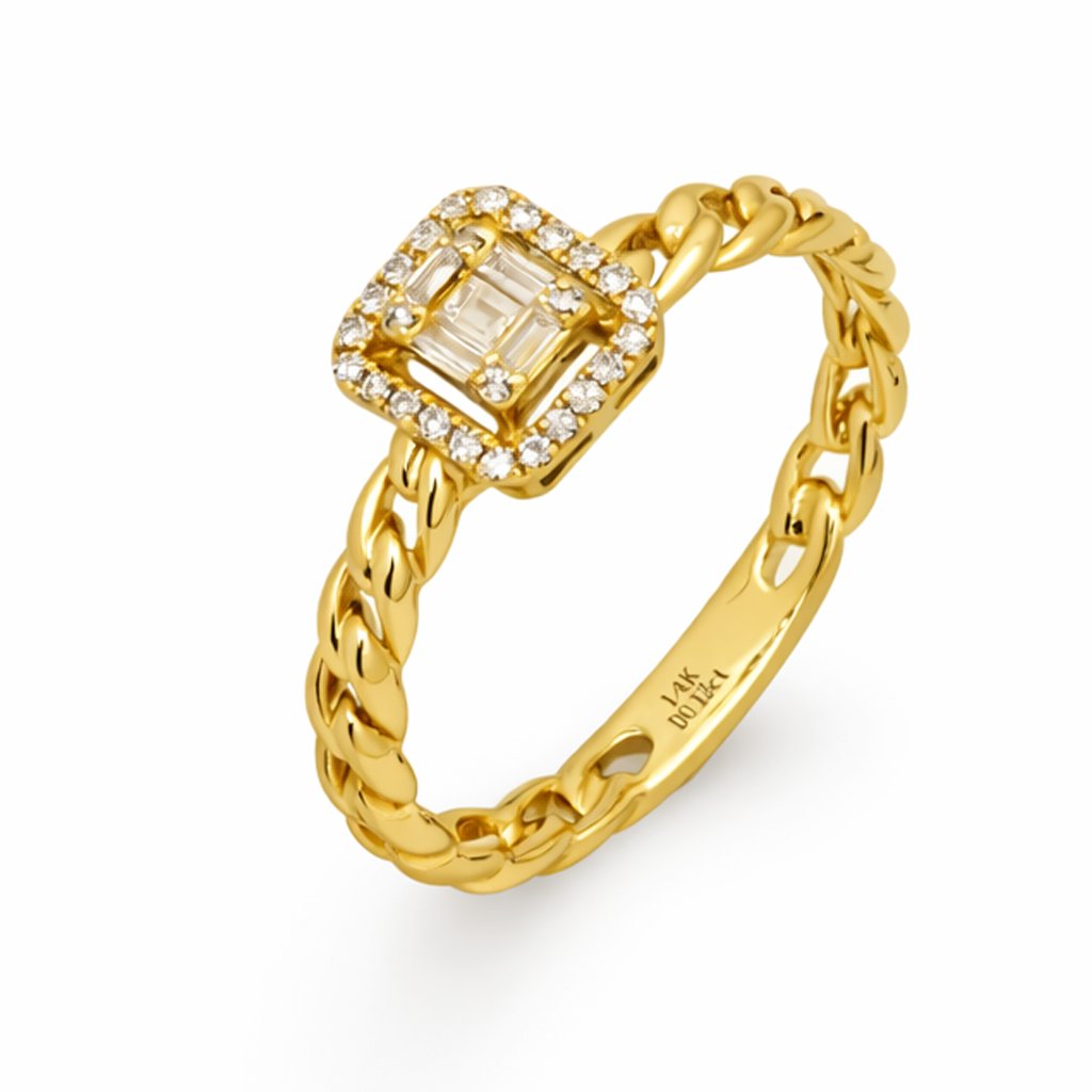 14K Yellow Gold Cuban Link Band Ring – Baguette Halo Center Stone