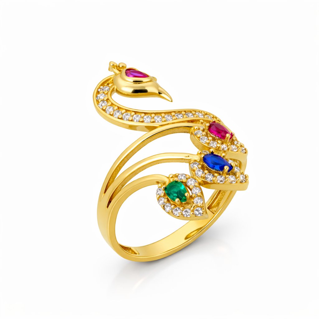 14K Yellow Gold Pavé CZ Peacock Bypass Women’s Ring