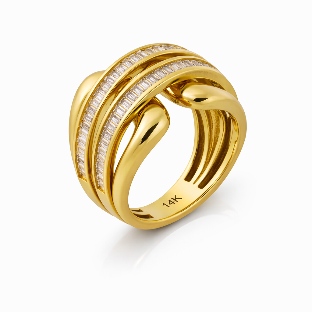 14K Yellow Gold Baguette CZ Channel-Set Crossover Women’s Ring