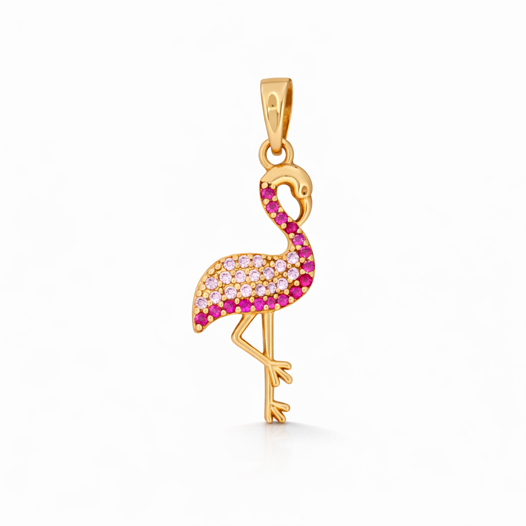 18K Yellow Gold Pink CZ Flamingo Pendant