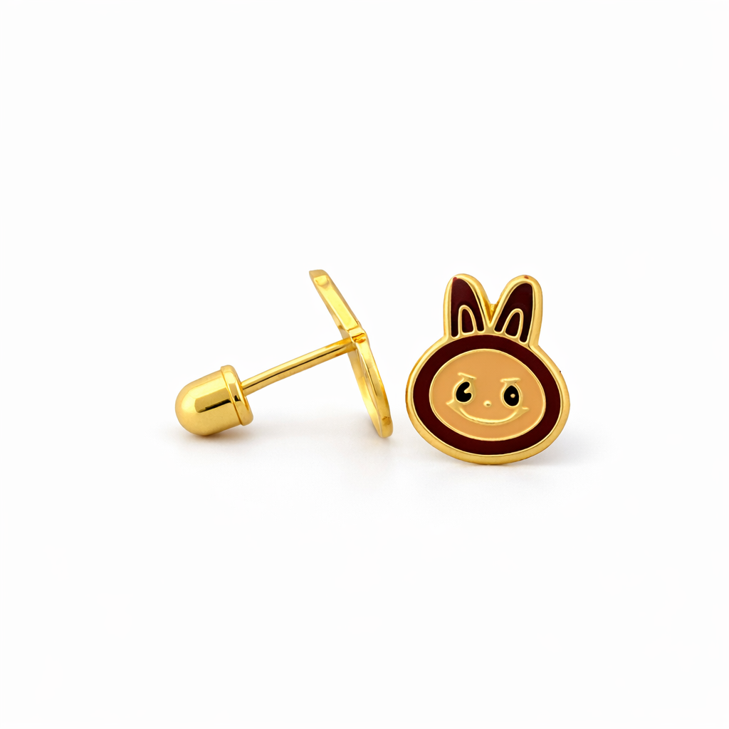 14K Yellow Gold Enamel Bunny Face Stud Earrings