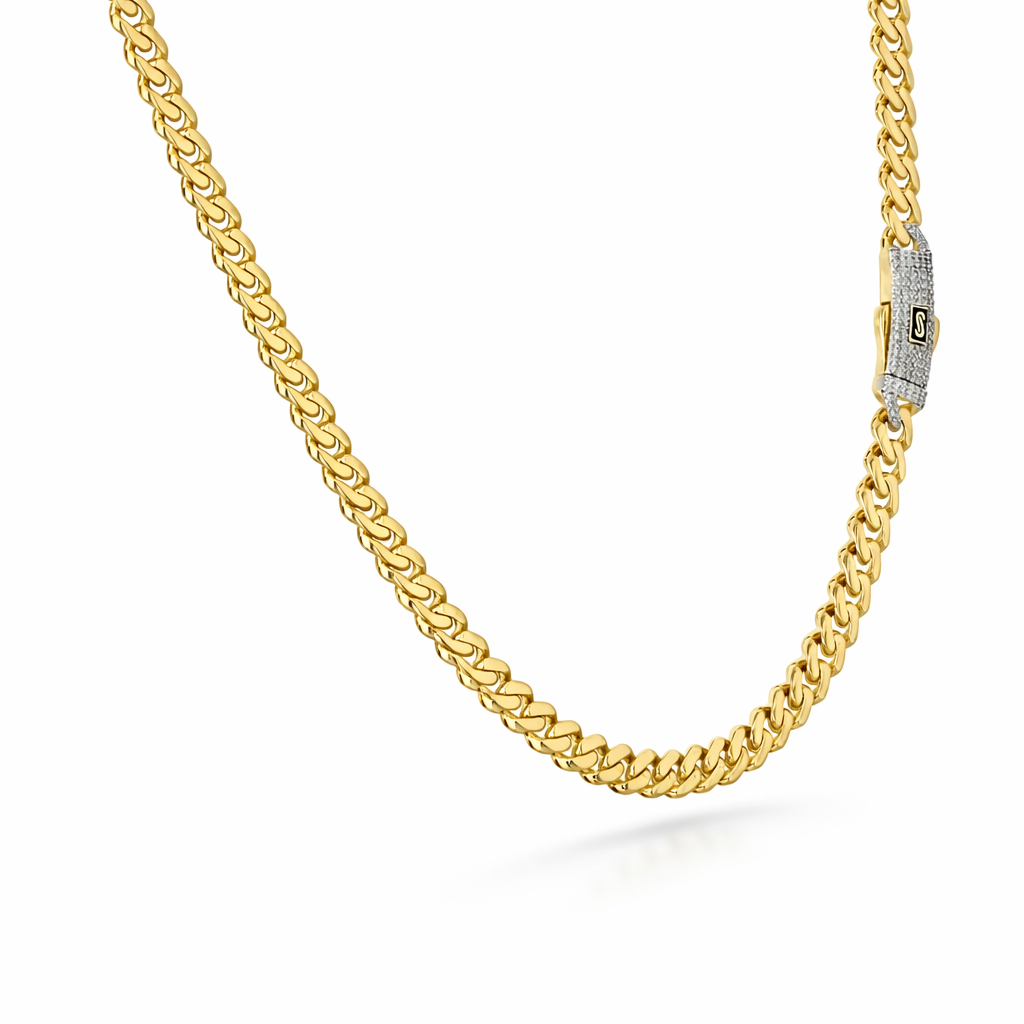 10K Yellow Gold Monaco Link Chain with Pavé CZ Box Clasp