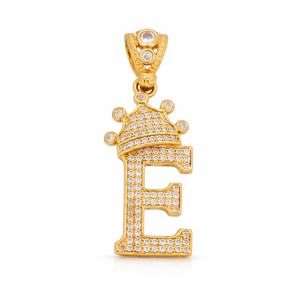 14K Yellow Gold CZ Pavé Crown “E” Initial Pendant