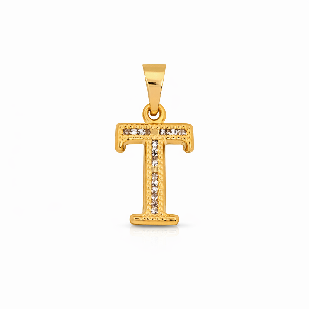 14K Yellow Gold CZ “T” Initial Pendant