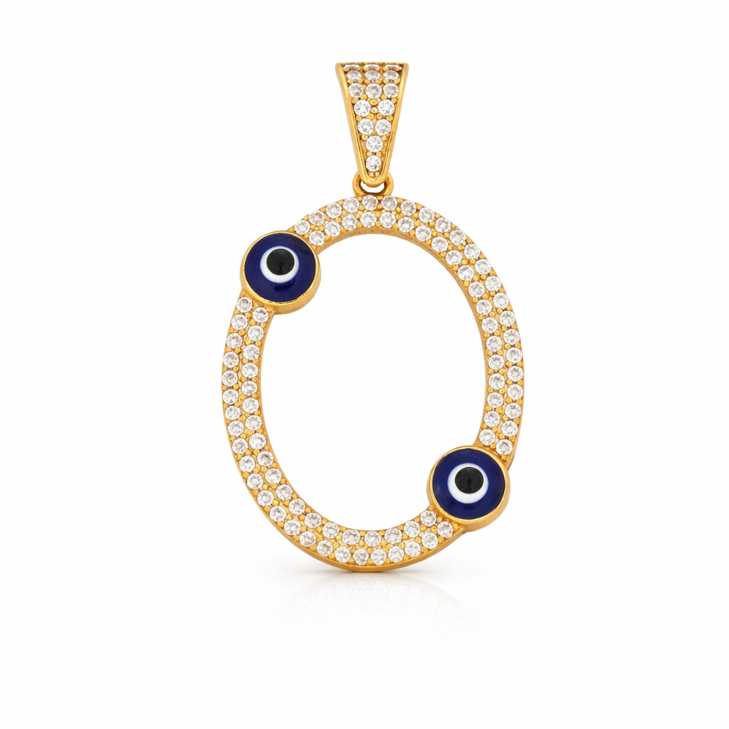 10K Yellow Gold CZ “O” Initial Pendant with Evil Eye