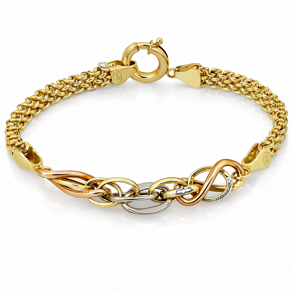 14K Tri-Color Gold Interlocking Link Women’s Bracelet with Infinity Detail