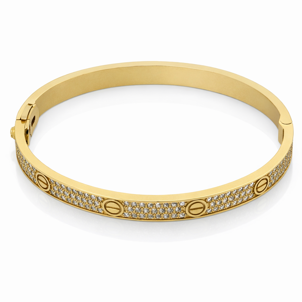 14K Yellow Gold CZ Pavé Screw Bangle Bracelet