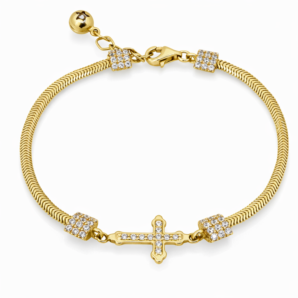 14KT Yellow Gold CZ Pavé Cross Women’s Bracelet