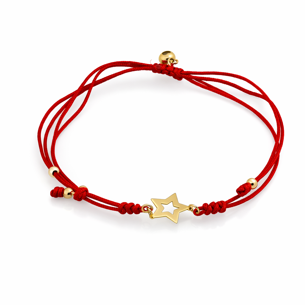 14K Yellow Gold Adjustable Red Cord Bracelet with Gold Star Charm