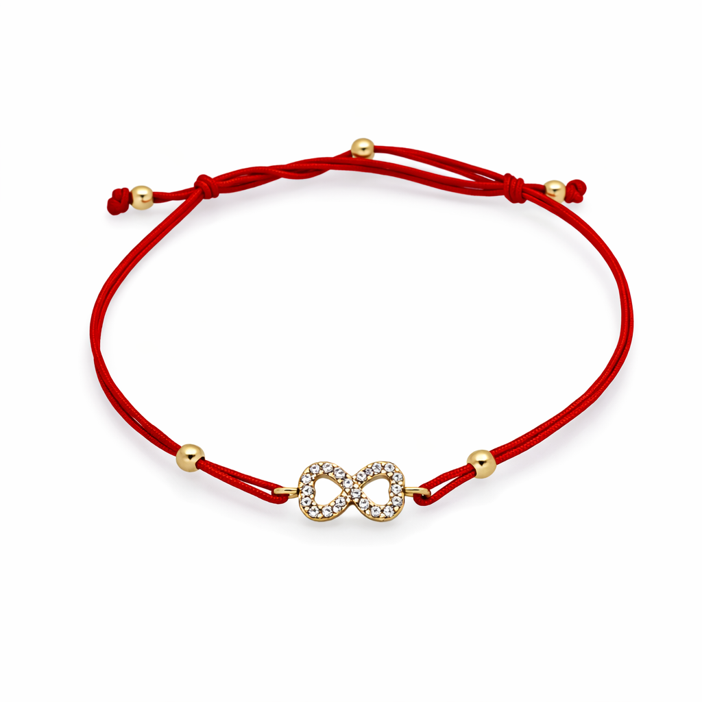 14K Yellow Gold Adjustable Red Cord Bracelet with CZ Infinity Charm