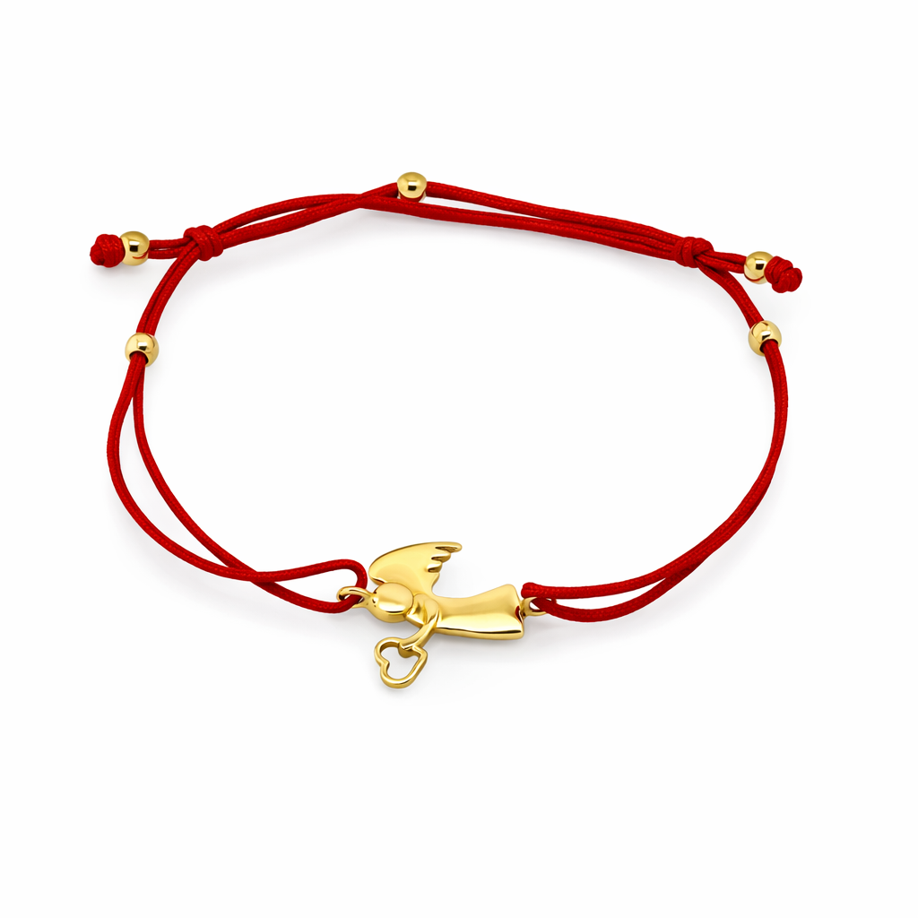 14K Yellow Gold Adjustable Red Cord Bracelet with Gold Guardian Angel Charm