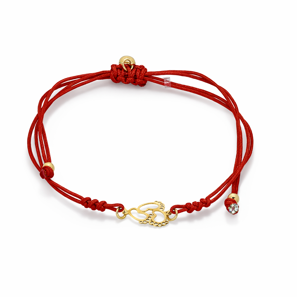 14K Yellow Gold Adjustable Red Cord Bracelet with Gold Baby Feet Charm