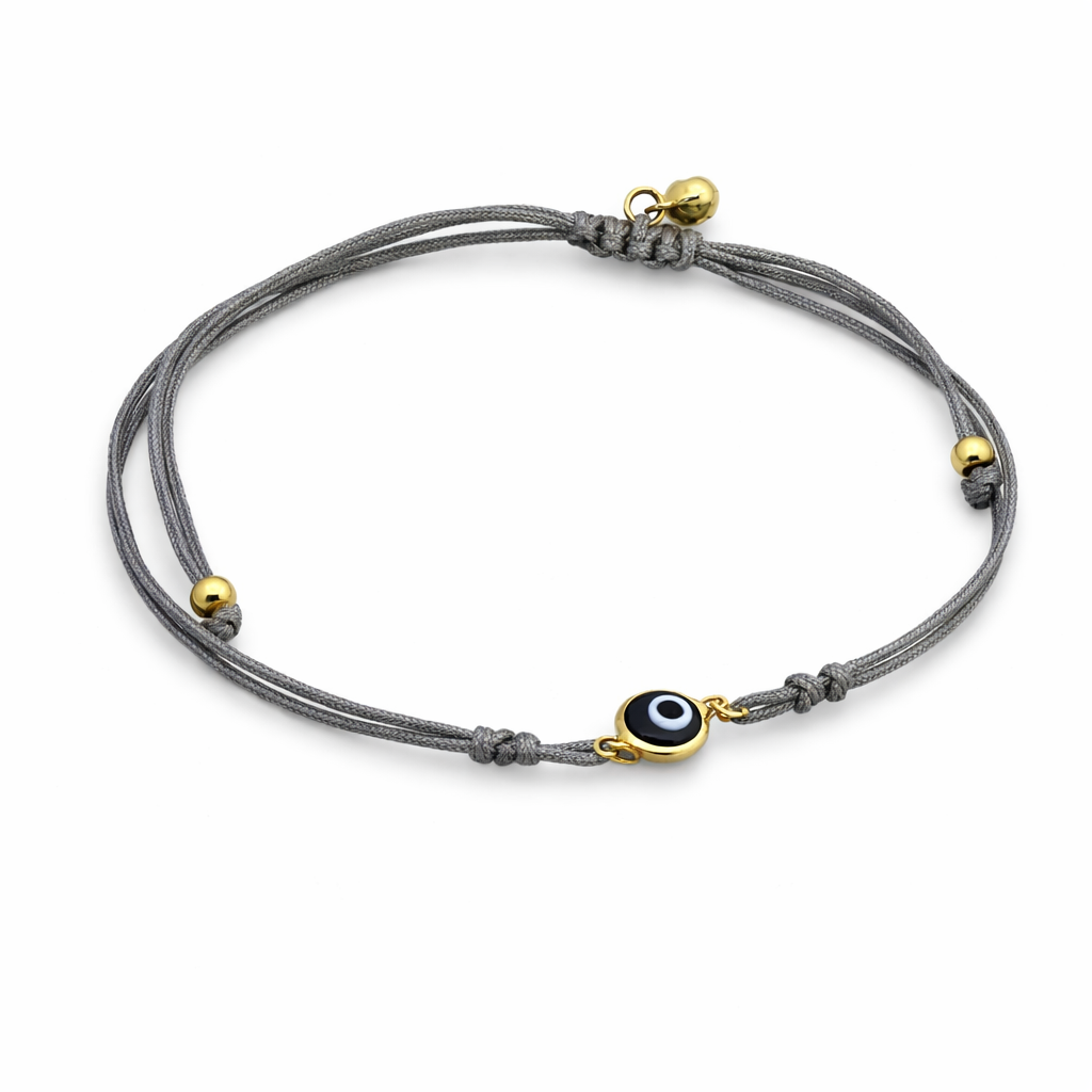 14K Yellow Gold Adjustable Black String Bracelet with Red Evil Eye