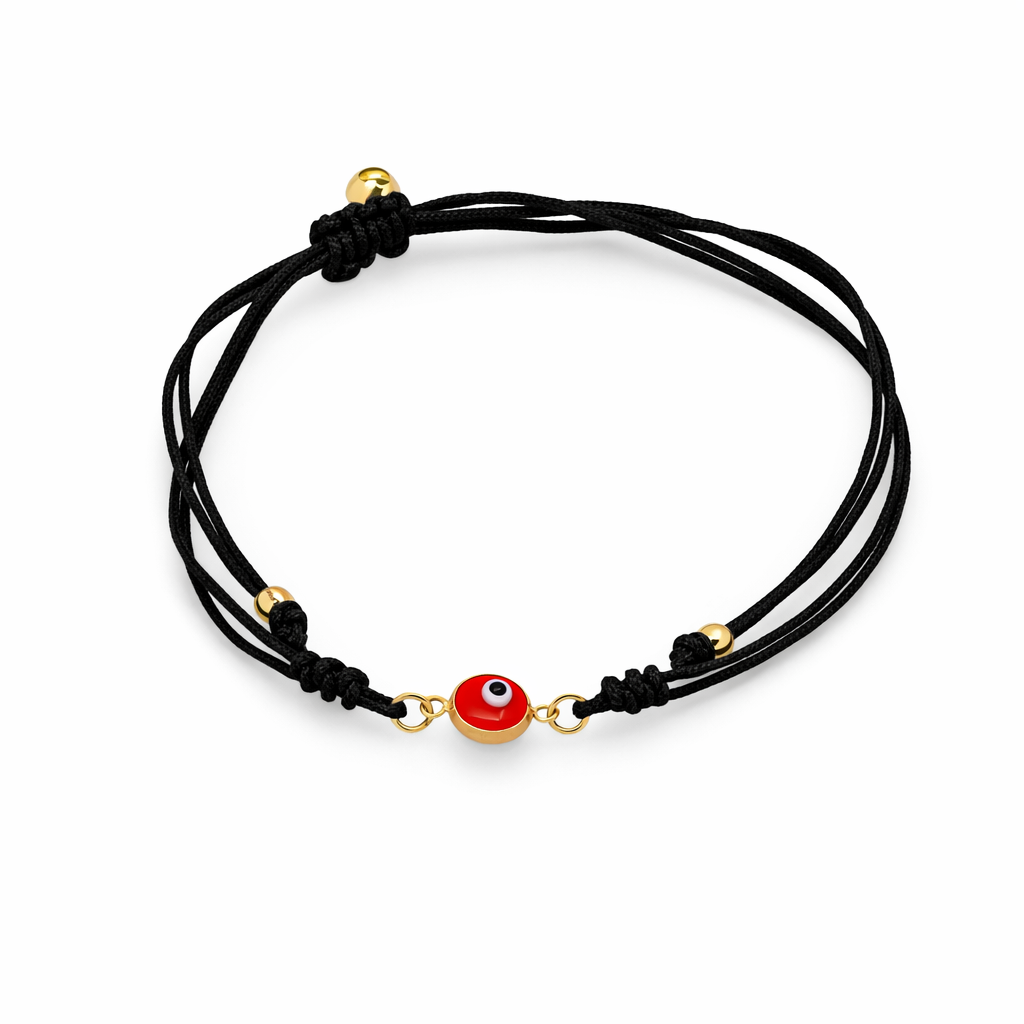 14K Yellow Gold Adjustable Black String Bracelet with Red Evil Eye