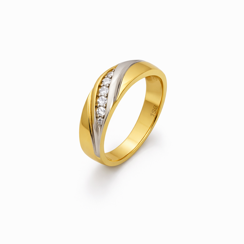 14K Two-Tone Gold Diagonal Channel Band Ring – Round Stone Accent