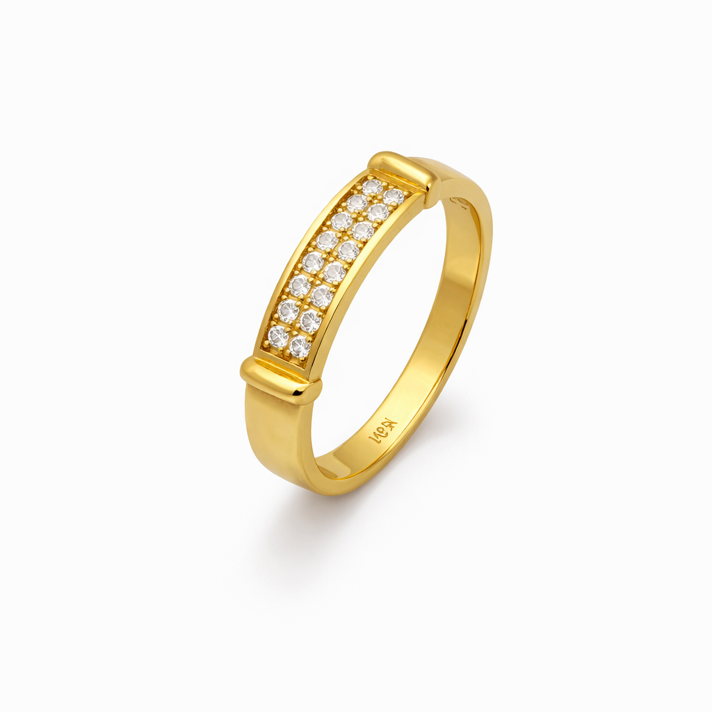 14K Yellow Gold Double Row Pavé Panel Band Ring – Polished Flat Shank