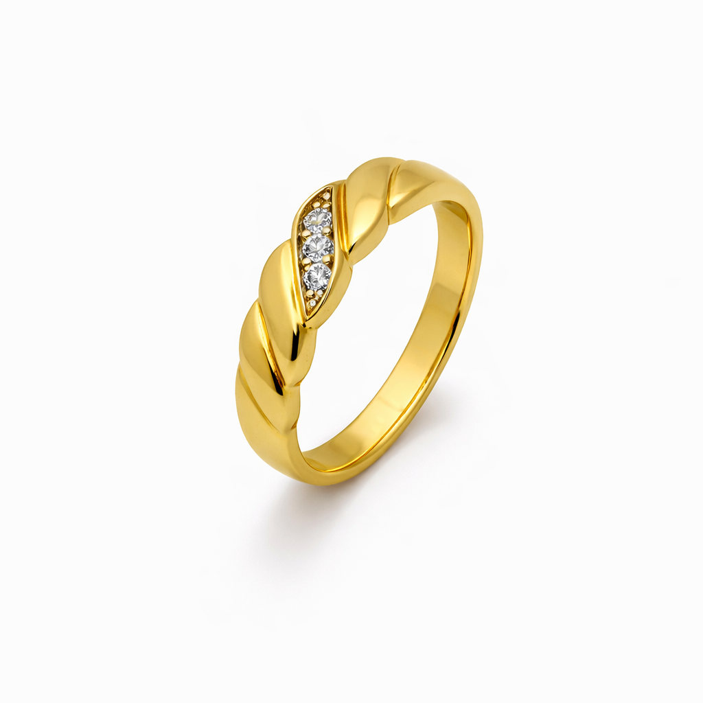 10K Yellow Gold Twisted Croissant Band Ring – Three-Stone Accent