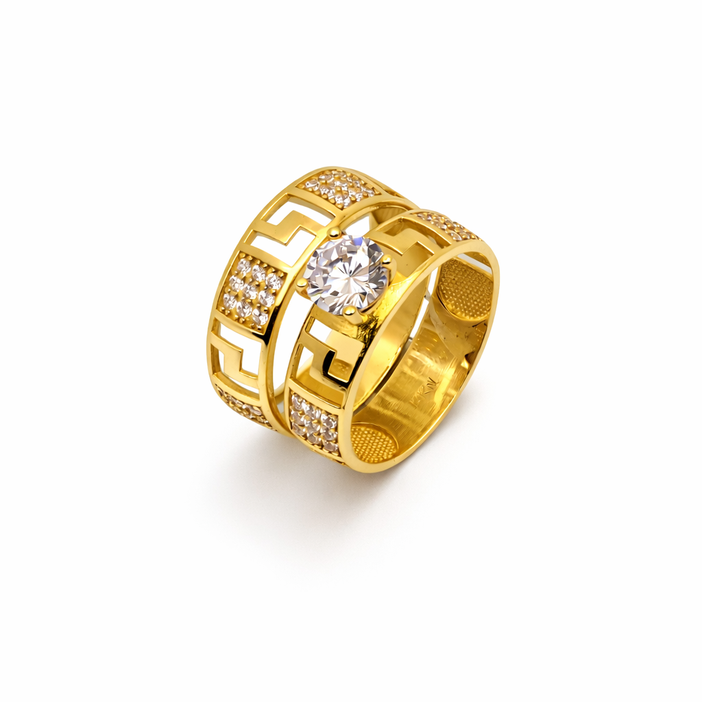 14K Yellow Gold Greek Key Wide Band Ring – Round Solitaire & Pavé CZ