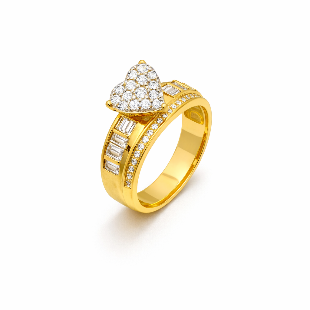 14K Yellow Gold Diamond Heart Cluster Ring – Baguette & Round Stone Wide Band